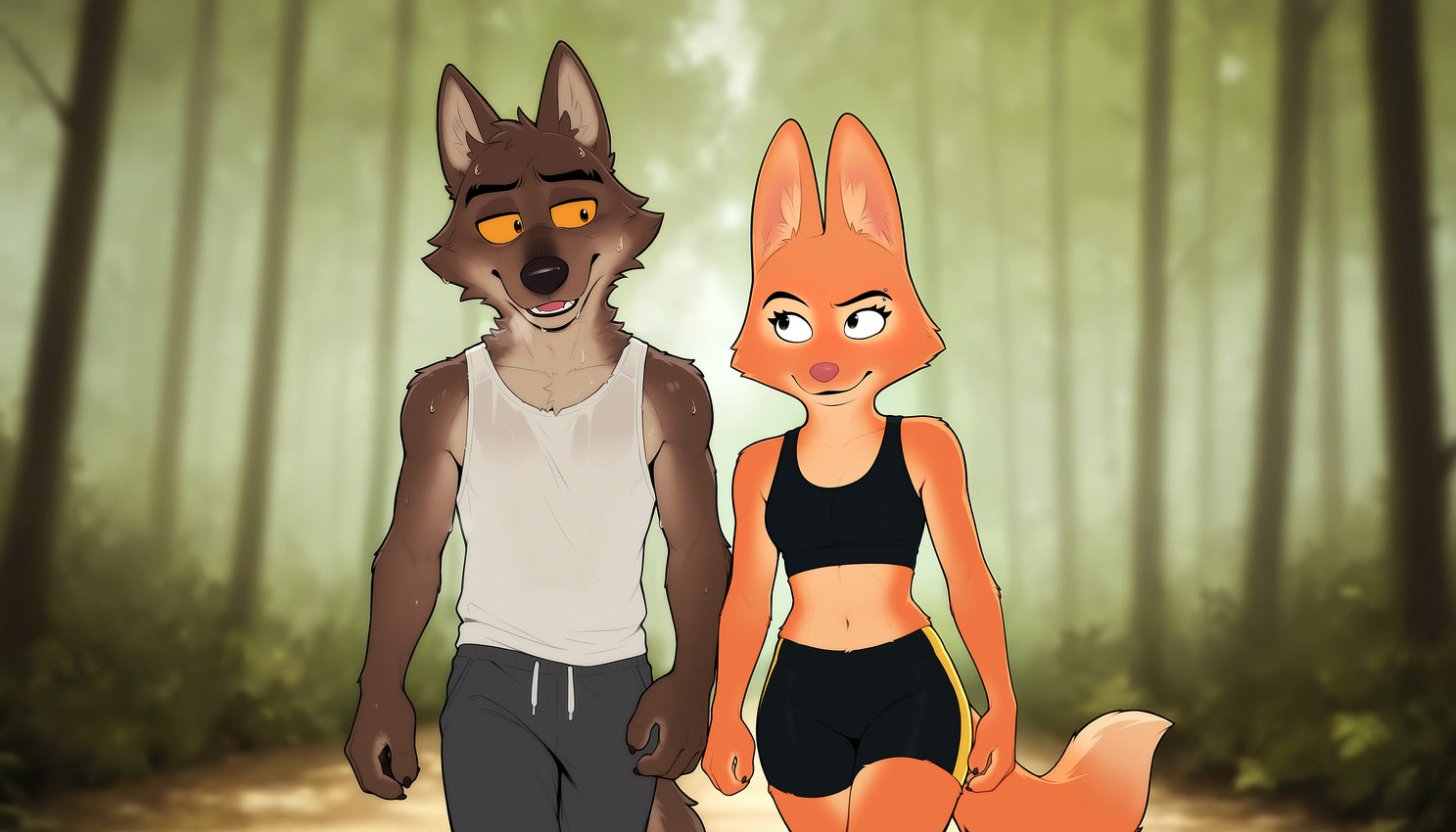 athletic athletic_female athletic_male black_bottomwear black_clothing bodily_fluids bottomwear bra breasts brown_body brown_fur clothed clothing duo female forest fur gym_bottomwear gym_clothing gym_shorts looking_at_another male male/female midriff nature nature_background open_mouth orange_body orange_fur outside pants plant romantic romantic_couple shirt shorts smile sports_bra sweat sweaty_body tail tank_top topwear tree underwear walking wet wet_clothing hank94_(director) the_bad_guys diane_foxington mr._wolf_(the_bad_guys) canid canine canis fox mammal wolf hi_res