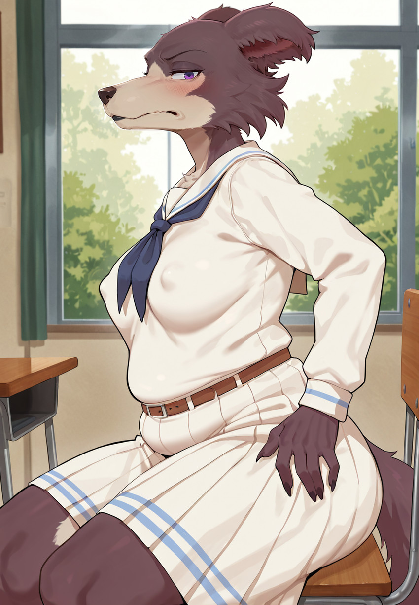 angry angry_expression anthro belt black_lips blush bottomwear breasts claws clothing day female frown hand_on_leg hand_on_thigh inside lips looking_at_viewer medium_breasts nipple_outline purple_eyes school_uniform scowl side_view sitting skirt slightly_chubby solo thick_thighs uniform beastars juno_(beastars) canid canine canis humanoid mammal wolf hi_res