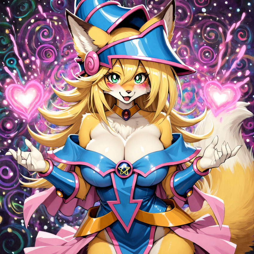 anthro big_breasts blonde_hair blue_clothing blush breasts cleavage clothed clothing female fur green_eyes hair hat headgear headwear heart_symbol jewelry long_hair looking_at_viewer markings orange_body smile solo tail white_body white_fur yellow_body yellow_fur gridanon yu-gi-oh! dark_magician_girl canid canine duel_monster fox mammal hi_res