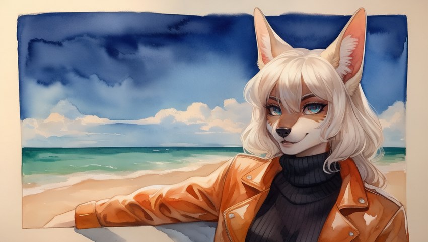 anthro beach_background clothed clothing female hair jacket open_clothing open_jacket open_topwear sea sky solo sweater topwear turtleneck water wavy_hair white_hair sk_main canid canine canis jackal mammal 16:9 tagme widescreen