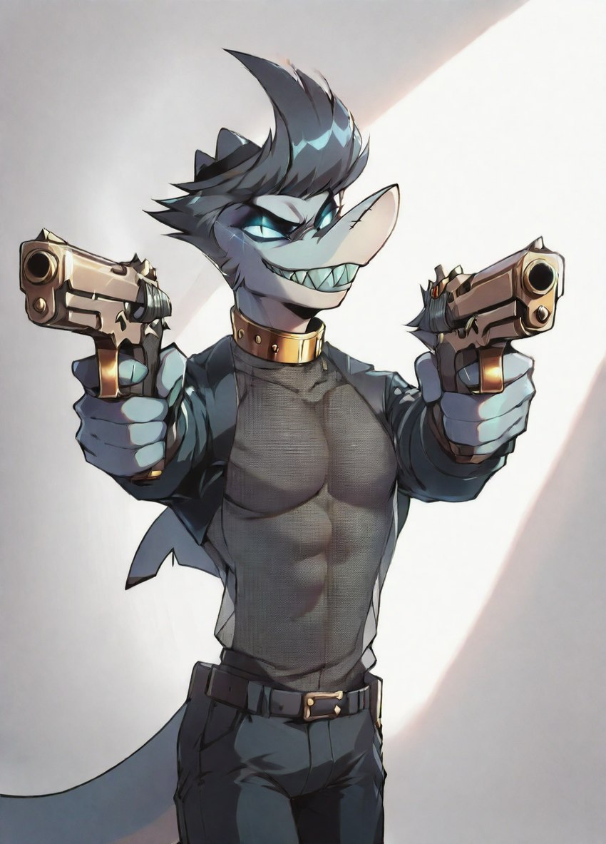 anthro belt blue_eyes bottomwear clothing collar featureless_chest fishnet fishnet_clothing green_body green_skin grin gun handgun helluva_boss holding_gun holding_object holding_weapon looking_at_viewer male narrowed_eyes pants pistol ranged_weapon sharp_teeth simple_background smile solo teeth translucent translucent_clothing translucent_topwear weapon chaz_(helluva_boss) fish humanoid marine shark hi_res portrait three-quarter_portrait