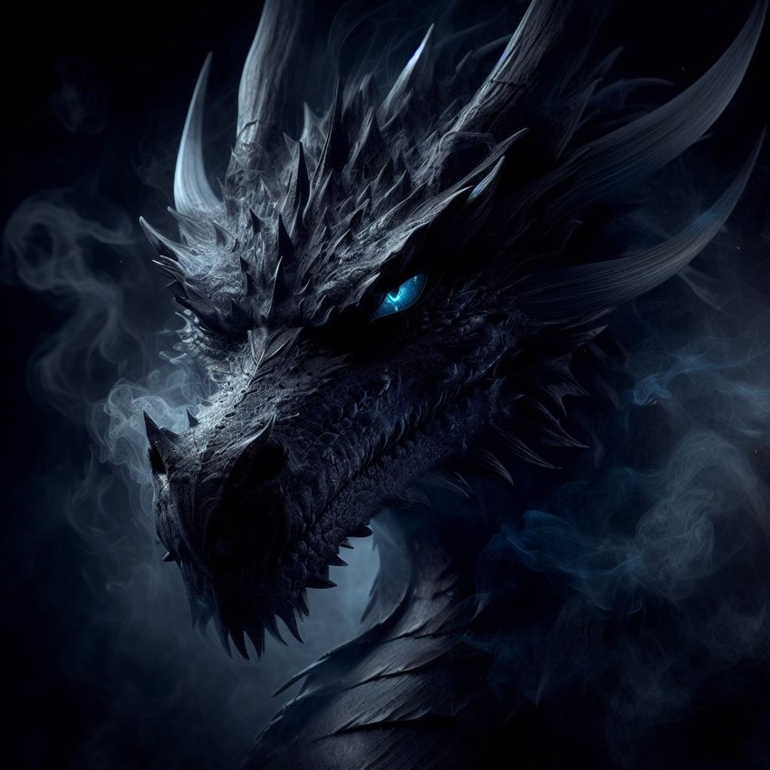 black_body black_scales blue_eyes feral male scales smoke solo spine loganth dragon portrait