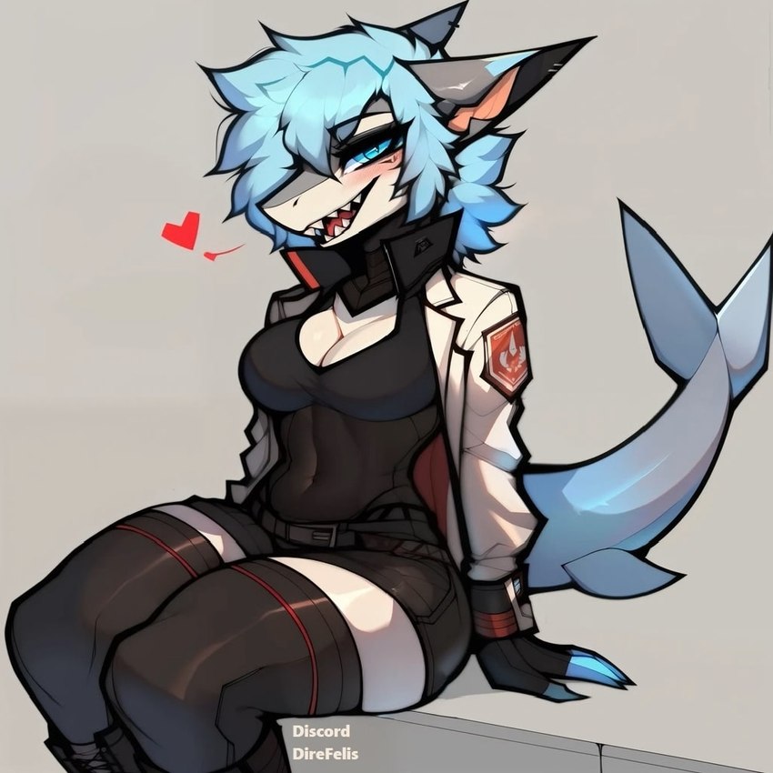 2023 <3 anthro blue_eyes blue_hair bottomwear breasts cleavage clothed clothing curvy_figure eyelashes facial_markings female gloves hair handwear head_markings legwear looking_at_viewer markings navel_outline prick_ears seductive shark_tail sharp_teeth short_hair shorts sitting small_waist smile smug snout snout_markings solo stockings teeth thick_thighs white_body wide_hips direfelis_(director) fish marine shark 1:1 watermark