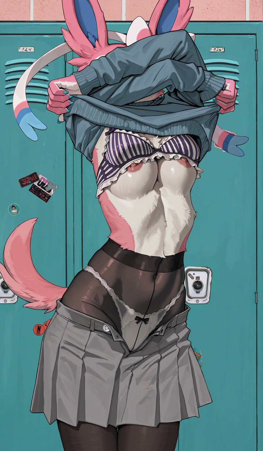 anthro anthrofied areola black_clothing black_legwear black_pantyhose bottomwear bow_panties bow_underwear bra bra_aside breasts brown_areola clothed clothing clothing_aside clothing_lift crossed_arms female frilly frilly_bra frilly_clothing frilly_underwear fur high-waisted_thong lace lace_panties legwear locker locker_room medium_breasts navel nipple_piercing nipple_slip nipples panties pantyhose pattern_clothing piercing pink_body pokemorph skirt solo sticker stockings striped_clothing stripes sweater teal_claws topwear translucent translucent_clothing underwear underwear_aside undressing white_body white_fur soloko nintendo pokemon eeveelution generation_6_pokemon mammal pokemon_(species) sylveon absurd_res hi_res