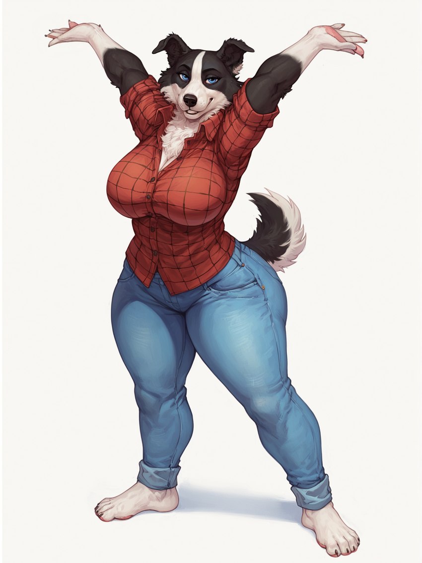 anthro barefoot big_breasts bottomwear breasts chest_tuft clothed clothing denim denim_clothing feet female flannel_shirt fully_clothed jeans looking_at_viewer pants pattern_clothing pose presenting raised_arms raised_tail smile solo standing tight_clothing tuft anonymous_director sarah_(u.d) border_collie canid canine canis collie domestic_dog herding_dog mammal pastoral_dog sheepdog hi_res