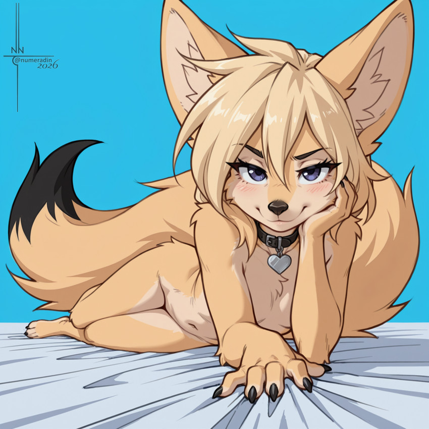 4_toes 5_fingers anthro arm_support bangs bed bed_sheet bedding bedroom_eyes big_tail black_nose blonde_hair blue_eyes breast_squish breasts collar collar_only countershading dipstick_tail elbow_rest facial_tuft feet female fingers fluff-kevlar fluffy fluffy_tail front_view fur furniture glistening hair huge_tail lips looking_at_viewer lying lying_on_bed lying_on_side markings monotone_background narrowed_eyes nude on_bed on_side pulling_blanket seductive small_breasts smile solo squish tail tail_markings toes tuft white_body white_countershading yellow_body yellow_fur numeradin canid canine fennec fox mammal full-length_portrait portrait signature