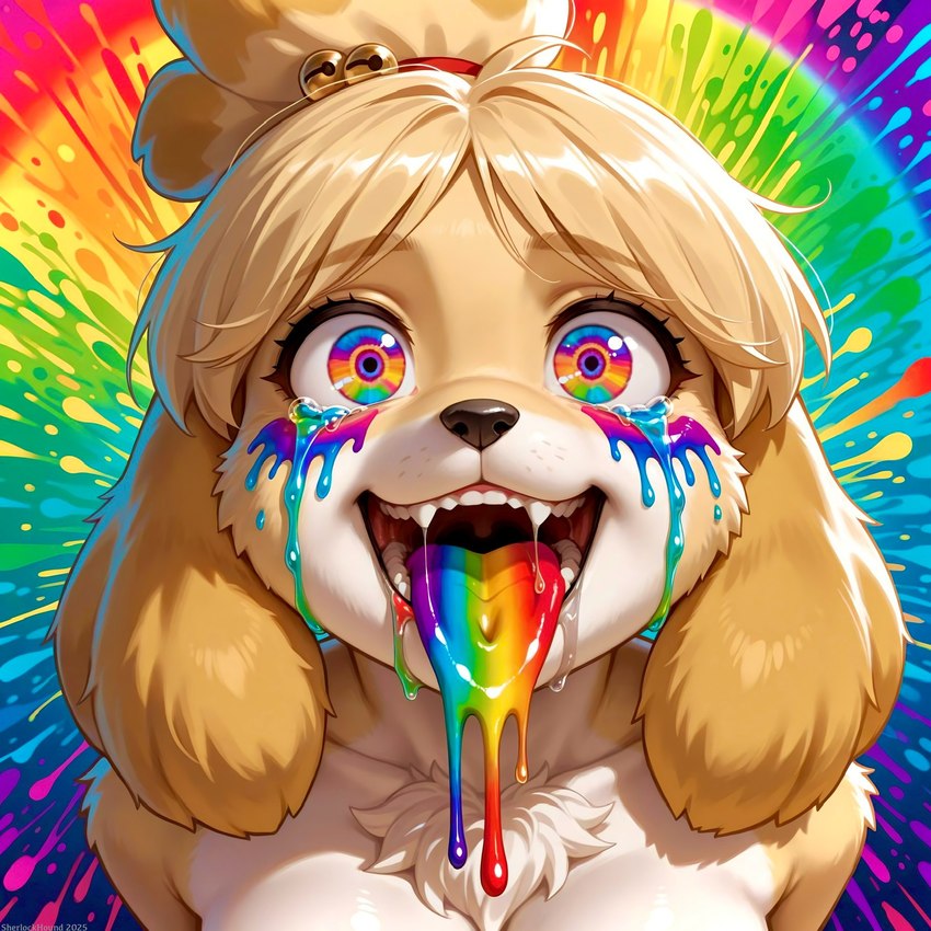 anthro black_nose bright_colors countershading eyebrows eyelashes female floppy_ears fur glistening looking_at_viewer multicolored_body multicolored_eyes paint paint_splatter psychedelic rainbow smile solo tongue tongue_out tuft sherlock_hound_(director) animal_crossing nintendo isabelle_(animal_crossing) canid canine canis domestic_dog mammal shih_tzu toy_dog hi_res