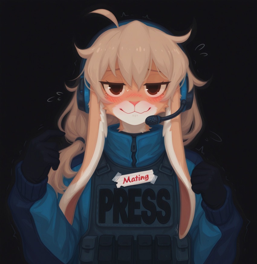 black_background black_clothing black_gloves black_handwear blonde_hair blue_clothing blue_jacket blue_topwear blush bodily_fluids brown_eyes clothing ears_down female flak_jacket flying_sweatdrops fur furrowed_brow gesture gloves hair handwear headgear headphones headset jacket long_ears microphone nervous_smile paper pink_nose pivoted_ears pointing pointing_at_self shy simple_background solo sweat sweatdrop tan_body tan_fur tape tied_hair topwear tremble_spikes zipper koyo lagomorph leporid mammal rabbit hi_res
