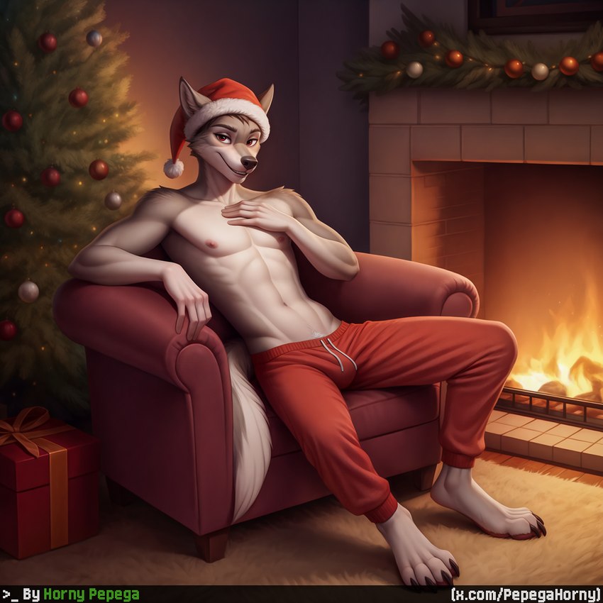 abs anthro armchair bulge chair christmas christmas_clothing christmas_headwear clothing detailed_background fireplace furniture hat headgear headwear looking_at_viewer male male_focus navel nipples paws santa_hat sitting smile solo solo_focus sweatpants horny_pepega canid canine canis mammal wolf digital_media_(artwork) digital_painting_(artwork) full-length_portrait portrait shaded watermark