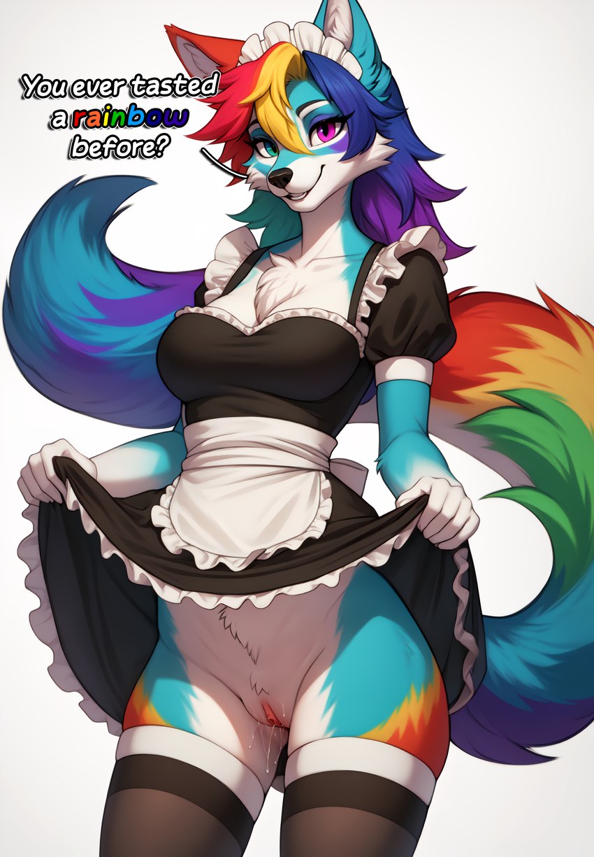 anthro apron bodily_fluids bottomwear breasts cleavage clitoris clothed clothing clothing_lift collarbone female frilly frilly_clothing fur genital_fluids genitals hair heterochromia legwear long_tail maid_headdress maid_uniform medium_breasts medium_hair multicolored_body multicolored_fur multicolored_hair no_underwear parted_lips presenting pussy pussy_juice rainbow_body rainbow_fur rainbow_hair short_sleeves skirt skirt_lift solo speech_bubble text thigh_highs tuft uniform white_body white_fur ayo_keito canid canine canis mammal wolf absurd_res hi_res