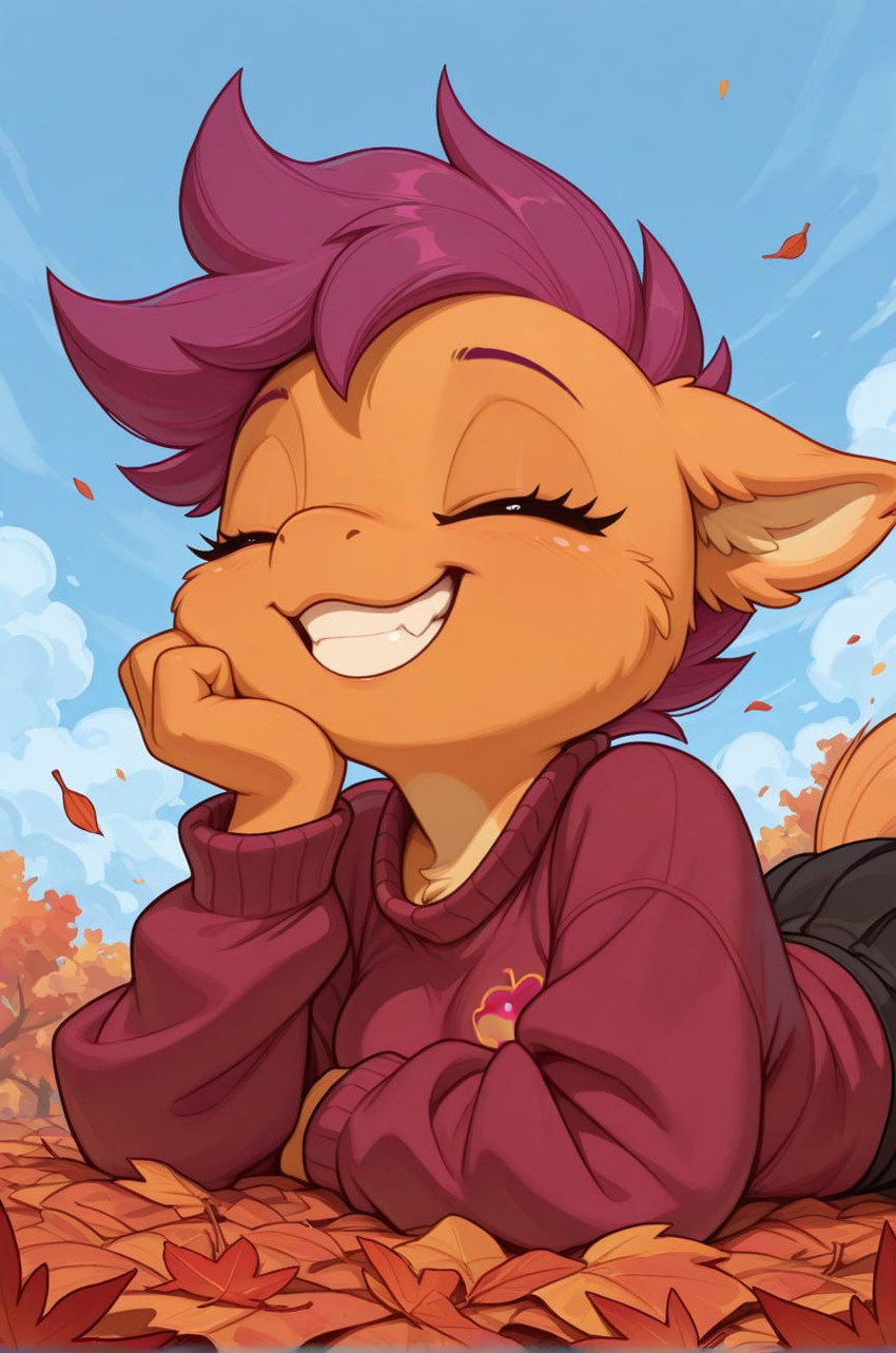 anthro autumn blush bottomwear breasts brown_body brown_fur clothing eyes_closed fangs female fur hair happy inner_ear_fluff leaf lying nature nature_background on_front orange_body orange_fur outside plant purple_hair skirt sky smile solo sweater tail teeth topwear tree tuft unknown_director friendship_is_magic my_little_pony scootaloo_(mlp) equid equine horse mammal pony hi_res