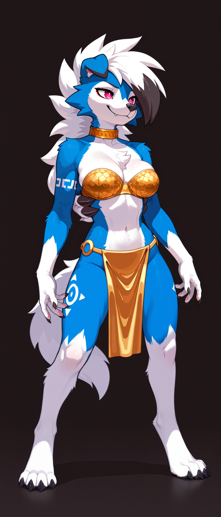4_toes 5_fingers alternate_species anthro black_background black_claws black_hair blue_body blue_fur bottomwear bra canine_nose chest_tuft choker claws clothing cosplay costume crossover crossover_cosplay eyelashes eyeliner feet female finger_claws fingerpads fingers folded_ears fur gold_(metal) gold_choker gold_jewelry gold_necklace hair jewelry loincloth makeup markings multicolored_hair navel necklace pawpads paws simple_background smile snaggle_tooth solo strapless_clothing tail toe_claws toes tribal tribal_markings tuft underwear unusual_eyes white_body white_fur white_hair whigwham nintendo pokemon star_fox krystal_(star_fox) generation_7_pokemon lycanroc midnight_lycanroc pokemon_(species) absurd_res hi_res