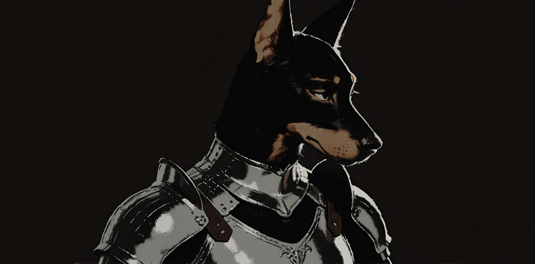armor black_background black_body black_fur black_nose brown_background brown_body brown_eyes brown_fur clothed clothing expressionless female fur glistening glistening_clothing knight looking_aside male medieval_armor multicolored_body multicolored_fur simple_background solo two_tone_body two_tone_fur warrior shotgun_(director) canid canine canis dobermann domestic_dog mammal pinscher bust_portrait hi_res portrait restricted_palette