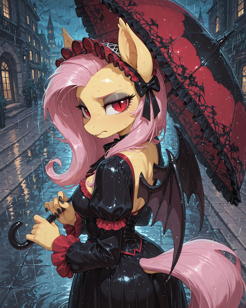 anthro bat_wings black_nails bow_ribbon city city_background clothing colored_nails corset dress fangs female gothic headdress lingerie looking_at_viewer looking_back membrane_(anatomy) membranous_wings nails night outside pupils red_eyes slit_pupils solo teeth topwear umbrella wings druge friendship_is_magic halloween_2025 my_little_pony flutterbat_(mlp) fluttershy_(mlp) bat_pony equid mammal vampire hi_res