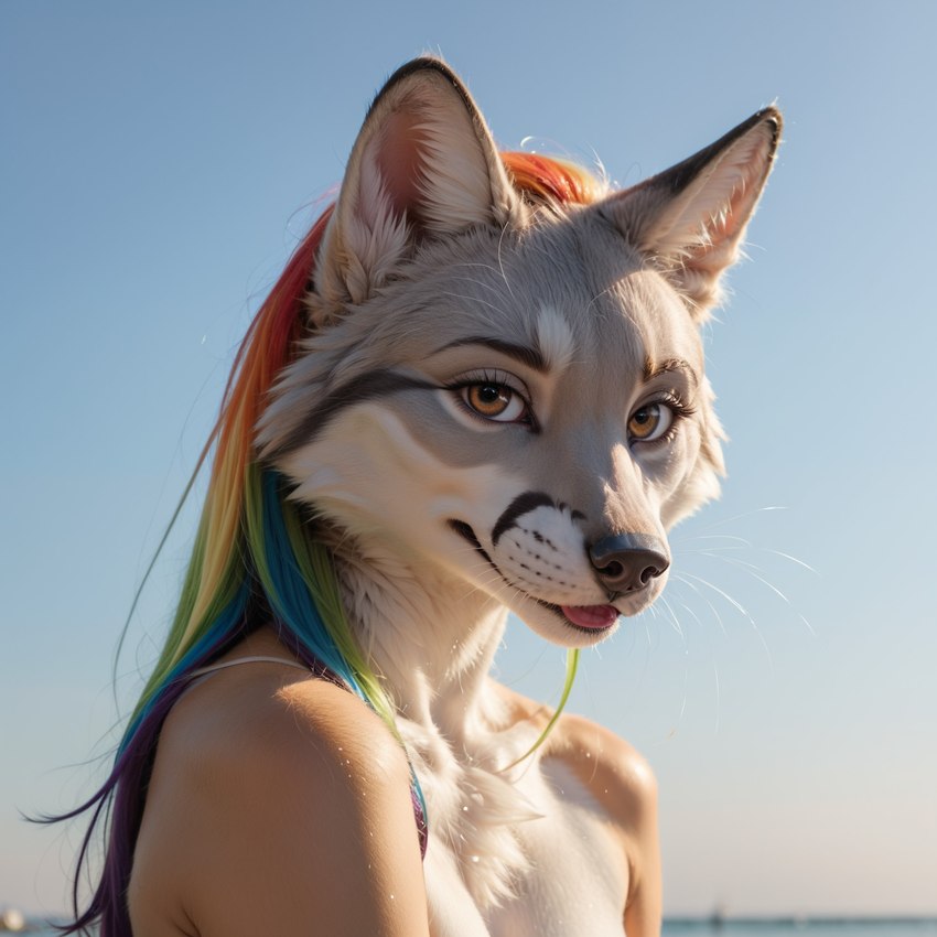 anthro bedroom_eyes black_body black_fur blep blue_background brown_body brown_eyes brown_fur chest_tuft countershade_face countershading female fur hair inner_ear_fluff looking_at_viewer multicolored_hair narrowed_eyes rainbow_hair sea seductive simple_background smile solo tongue tongue_out tuft water white_body white_fur ilmpbx canid canine grey_fox mammal urocyon hi_res