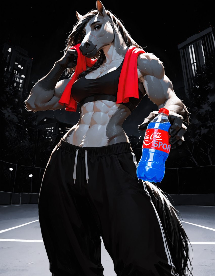 anthro bodily_fluids city city_background cityscape female holding_object night soda_bottle solo sweat sweatpants towel towel_around_neck anonymous_director equid equine mammal hi_res