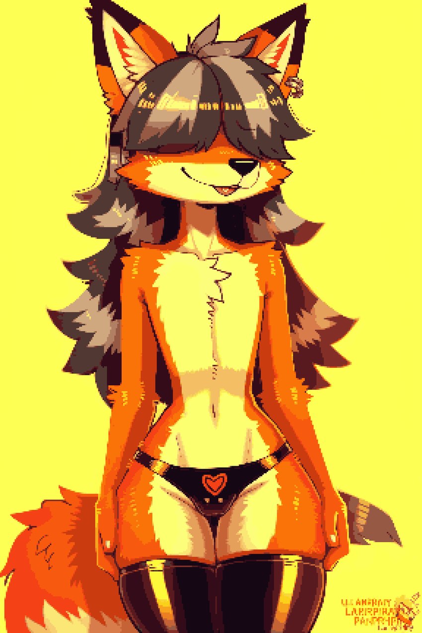 ambiguous_gender anthro black_nose clothing grey_hair hair hair_over_eyes leggings legwear long_hair underwear icefoxai canid canine fox mammal digital_media_(artwork) hi_res pixel_(artwork)