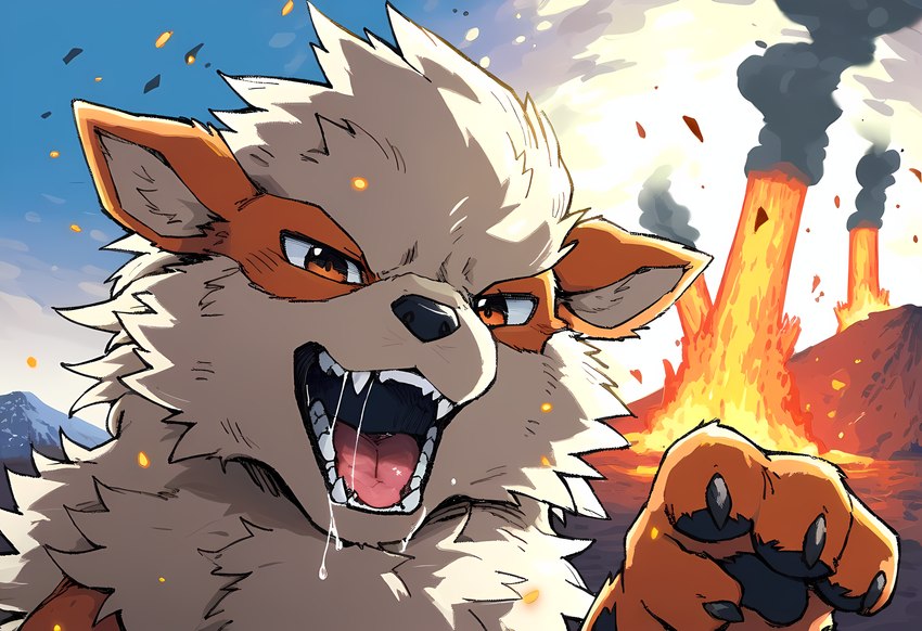 ambiguous_gender bared_teeth black_nose bodily_fluids canine_teeth chest_tuft claws drooling embers feral fur head_tuft inner_ear_fluff looking_at_viewer multicolored_body multicolored_fur narrowed_eyes open_mouth orange_body orange_eyes orange_fur outdoors pawpads saliva solo tan_body tan_fur tuft volcano director_seam arcanine canid canine generation_1_pokemon mammal pokemon_(species) absurd_res hi_res portrait