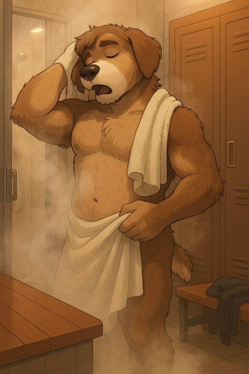 anthro anthro_male bathroom bench biped broad_shoulders brown_body brown_fur digitigrade eyes_closed floor floppy_ears fluffy fluffy_tail fur hand_on_head holding_object holding_towel inside locker locker_room male musclegut muscular open_mouth short_tail shower solo standing steam tan_body tan_fur thick_thighs tile tile_floor tired towel warm_lighting wet wet_body wet_fur yawn kovin-ai-fterdark borr_kintara bernese_mountain_dog canid canine canis domestic_dog mammal molosser mountain_dog swiss_mountain_dog hi_res