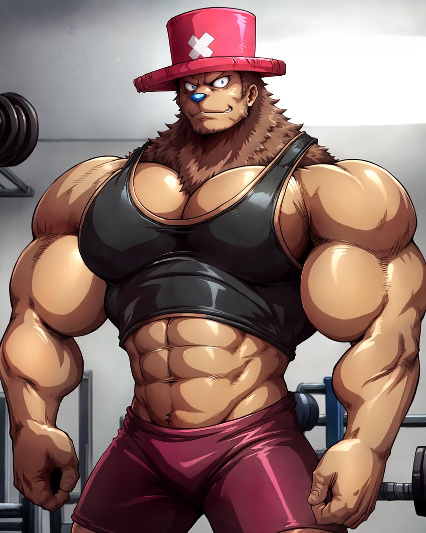 2024 abs anthro barbell biceps big_biceps black_clothing black_shirt black_topwear blue_eyes blue_nose bottomwear broad_shoulders brown_body brown_fur brown_hair clothing crop_top deltoids fur gym gym_equipment hair hands hat headgear headwear looking_at_viewer male muscular muscular_anthro muscular_male neck_tuft pecs pink_clothing pink_headwear shirt shorts smile smirk smirking_at_viewer solo solo_focus stable_diffusion tan_body tan_skin tank_top top_hat topwear tuft yiffymix_(model) anonymous_director tony_tony_chopper capreoline cervid human humanoid hybrid mammal reindeer 5:4 absurd_res detailed digital_media_(artwork) hi_res portrait three-quarter_portrait warm_colors