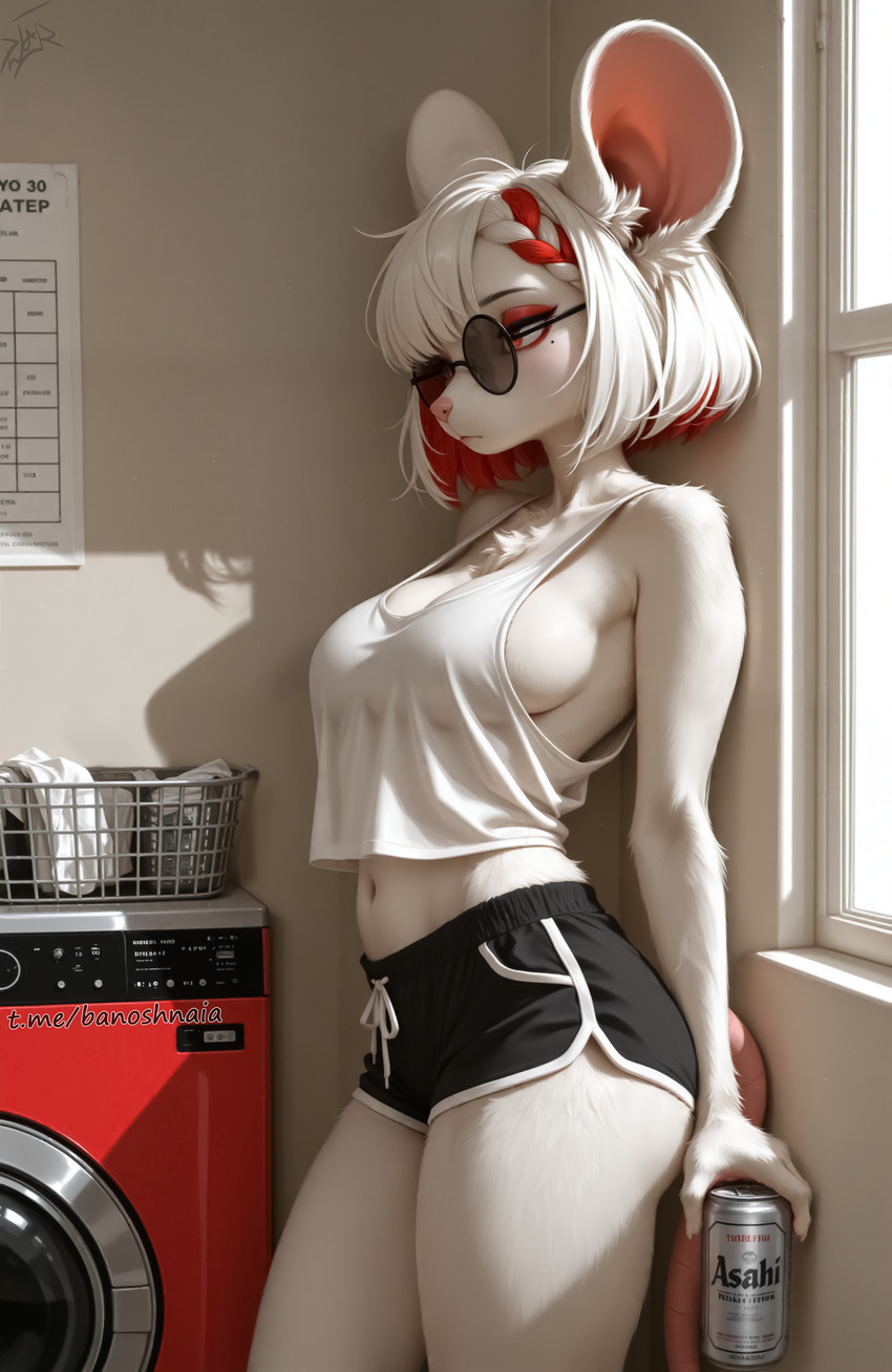 against_surface against_wall anthro basket beverage_can breasts clothing container crop_top dolphin_shorts expressionless eyewear female holding_object inside laundry_machine shadow shirt side_boob solo standing topwear white_clothing djar17 vika_(djar17) mammal mouse murid murine rodent absurd_res hi_res