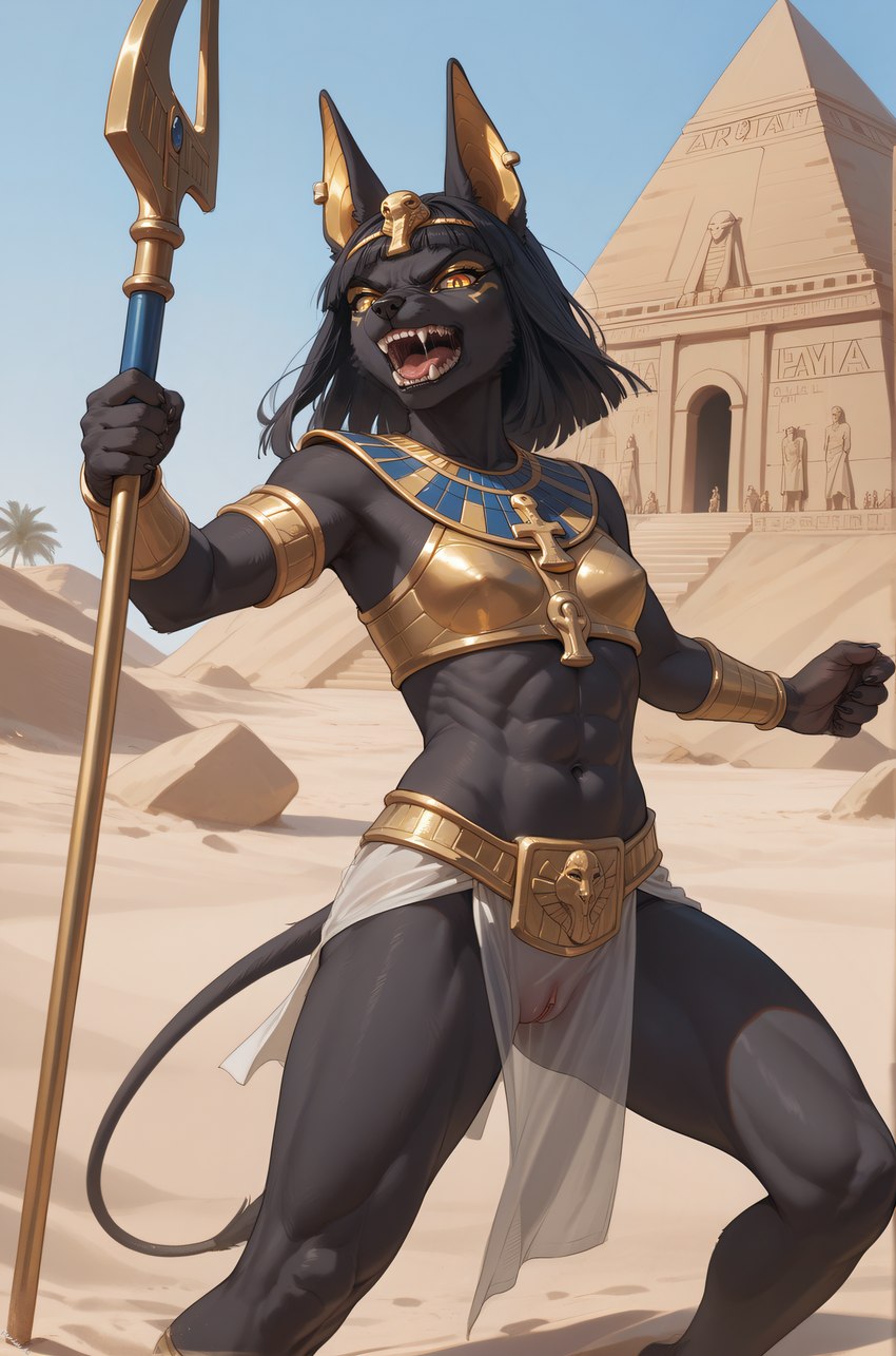 abs angry anthro armband armor athletic black_body black_fur black_hair black_nose breasts claws clothing desert egyptian egyptian_clothing egyptian_headdress egyptian_mythology female fur genitals gold_(metal) gold_armor gold_eyes hair holding_object holding_weapon melee_weapon pelvic_curtain polearm pussy pyramid sand sculpture sharp_teeth small_breasts solo spear statue teeth translucent translucent_clothing weapon fenix_ai anubis canid canine canis deity jackal mammal hi_res