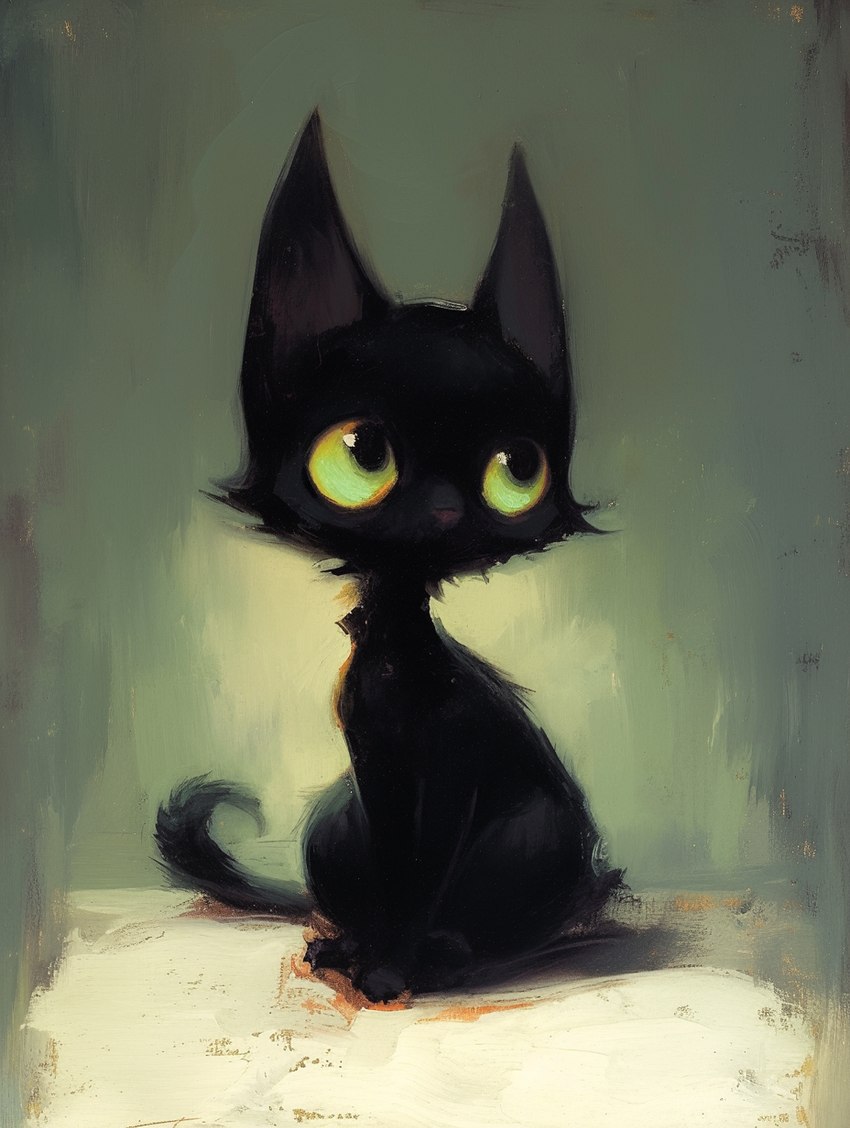 ambiguous_gender black_body cheek_tuft facial_tuft feral green_background green_sclera pink_nose simple_background sitting tuft sappy_(director) domestic_cat felid feline felis mammal hi_res oil_painting_(artwork) painting_(artwork) traditional_media_(artwork)