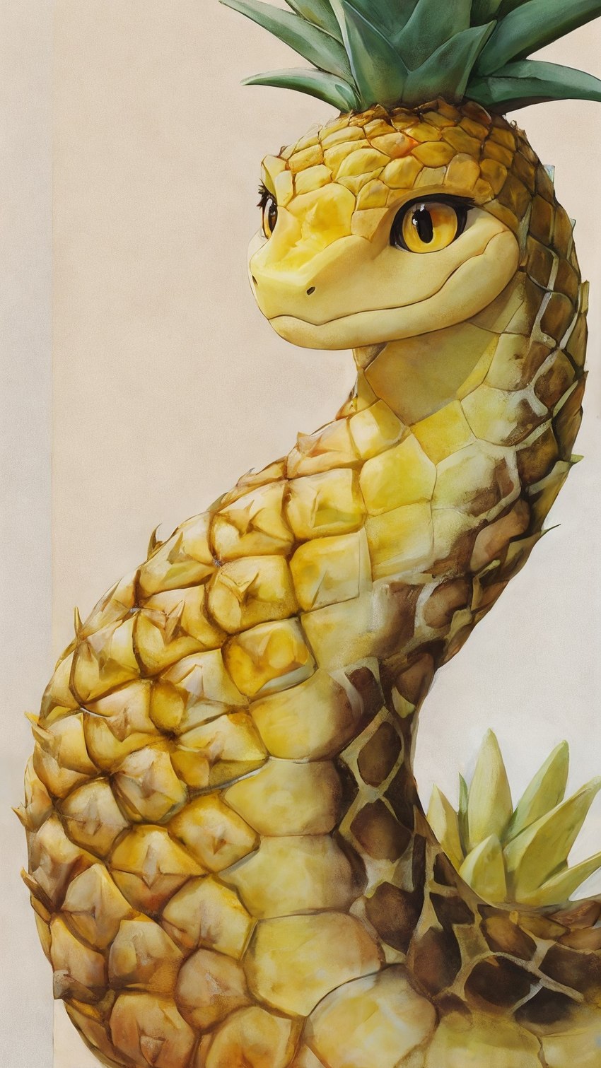 ambiguous_gender brown_body feral food fruit looking_aside orange_body pineapple plant simple_background smile solo yellow_sclera scalesai food_creature reptile scalie snake hi_res