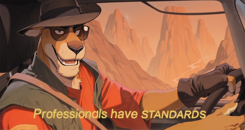 brown_body brown_fur car clothed clothing desert detailed_background dialogue driving eyewear fingerless_gloves fingers fur gloves handwear hat headgear headwear humor inside_car jacket looking_at_viewer male mountain open_mouth open_smile outside red_clothing red_topwear shirt smile solo sunglasses tan_body tan_fur teeth text topwear vehicle vest whiskers unknown_director sniper_(team_fortress_2) kangaroo macropod mammal marsupial english_text hi_res meme