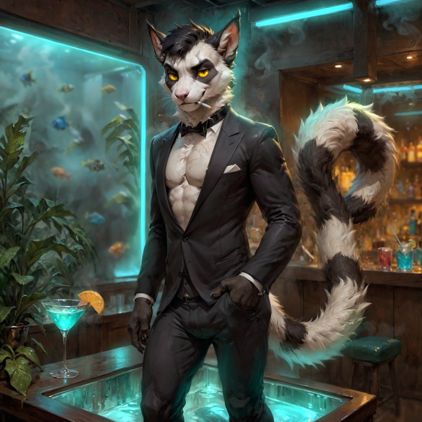 anthro athletic bar black_hair blue_light bowtie cigarette classy clothing countershading hair hand_in_pocket long_tail looking_at_viewer male neon plant pockets solo standing steam suit white_body white_countershading yellow_eyes rayden lemur mammal primate strepsirrhine hi_res