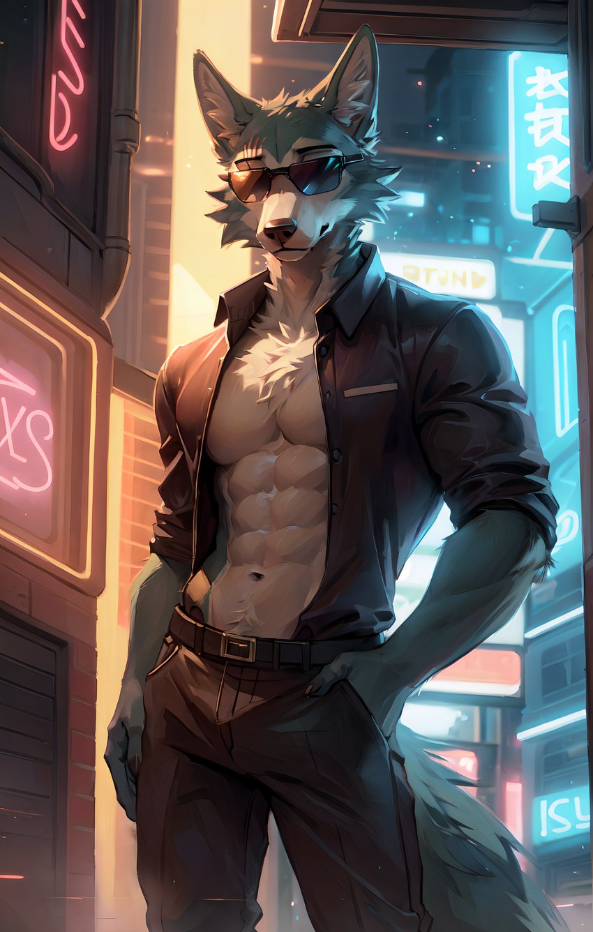 abs anthro belt black_nose city city_background clothed clothing eyewear futuristic_city hand_in_pocket jacket male muscular muscular_anthro muscular_male neon_lights open_clothing open_jacket open_topwear pockets pose solo sunglasses sunglasses_at_night topwear speedykiwi beastars legoshi_(beastars) canid canine canis mammal wolf absurd_res hi_res