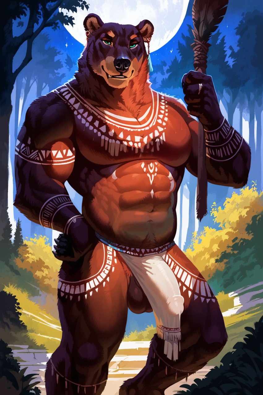 abs anthro balls barely_contained bottomwear bulge casual_exposure clothed clothing ear_piercing erection erection_under_clothing forest genital_outline genitals half-erect loincloth looking_at_viewer male markings moon muscular muscular_male night outdoors penis penis_outline piercing plant smile solo tattoo tree tribal tribal_markings tribal_tattoo naughtywolfbb mammal ursid hi_res