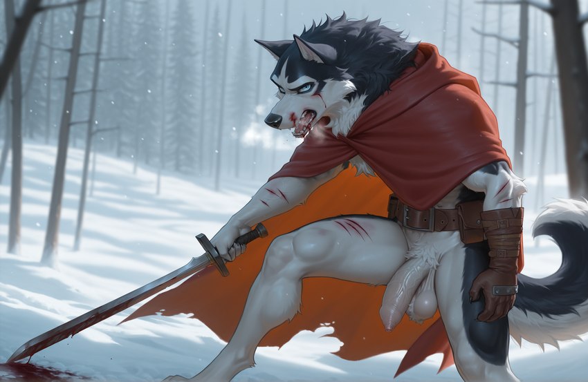 anthro balls belt belt_buckle black_body black_fur blood blue_eyes bodily_fluids breath cape clothing fluffy fluffy_tail foreskin forest fur genitals holding_object holding_weapon leather leather_clothing male melee_weapon neck_tuft open_mouth penis plant red_clothing snow solo sword tree tuft weapon white_body white_fur winter snowcheetah canid canine canis mammal wolf hi_res