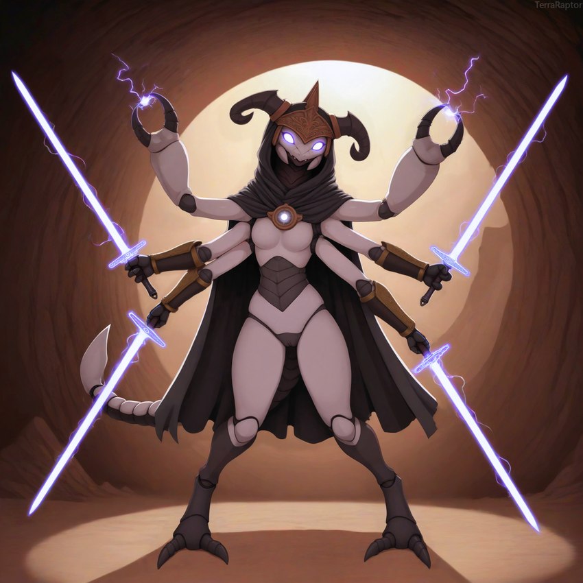 2_toes 3_fingers 6_arms anthro armor black_body black_countershading bottomless bottomless_female bracers breasts cloak cloak_only clothed clothing countershading desert dual_wielding electricity exoskeleton featureless_breasts feet female fighting_pose fingers genitals glowing glowing_eyes headgear helmet holding_object holding_weapon magic magic_user mandibles melee_weapon multi_arm multi_limb pincers pose pussy rim_light solo standing stinger sword toes weapon white_body terraraptor arachnid arthropod scorpion hi_res