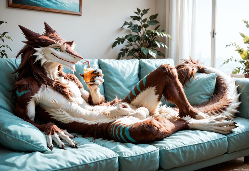 alcohol animal_genitalia anthro balls beverage big_tail blue_eyes brown_body brown_fur cocktail drinking fluffy_balls fully_sheathed fur furniture genitals inside laying light lying_on_sofa male on_sofa photorealism photorealistic pillow raised_leg realistic relaxed relaxing sheath sofa solo suggestive sunlight aurugy sergal detailed hi_res