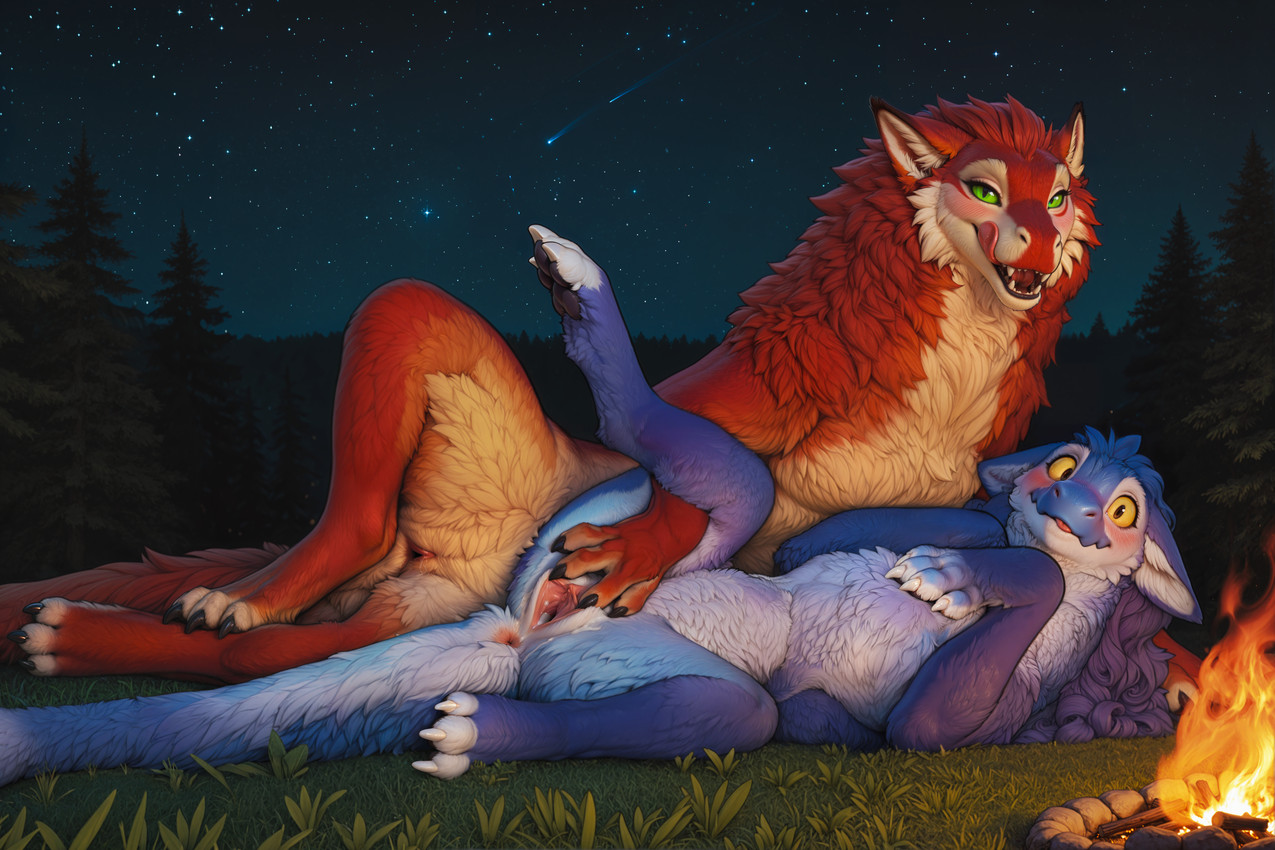 3_toes 4_fingers animal_genitalia anus blue_body blush blush_lines bodily_fluids campfire cloaca detailed_background duo ears_down ears_up embarrassed feet female female/female feral fingers forest from_behind_position fur genital_fluids genitals grass green_eyes green_sclera hair inner_ear_fluff licking licking_lips long_tail looking_at_viewer lying lying_on_side mythology night on_back orange_body orange_fur outside pivoted_ears plant presenting purple_body purple_fur pussy red_body romantic romantic_ambiance sex shooting_star spread_pussy spreading star tail tail_tuft toes tongue tongue_out tongue_tip tree tuft wavy_hair wavy_smile yellow_eyes yellow_sclera chrisphoenix dragon furred_dragon mythological_creature mythological_scalie scalie absurd_res detailed hi_res