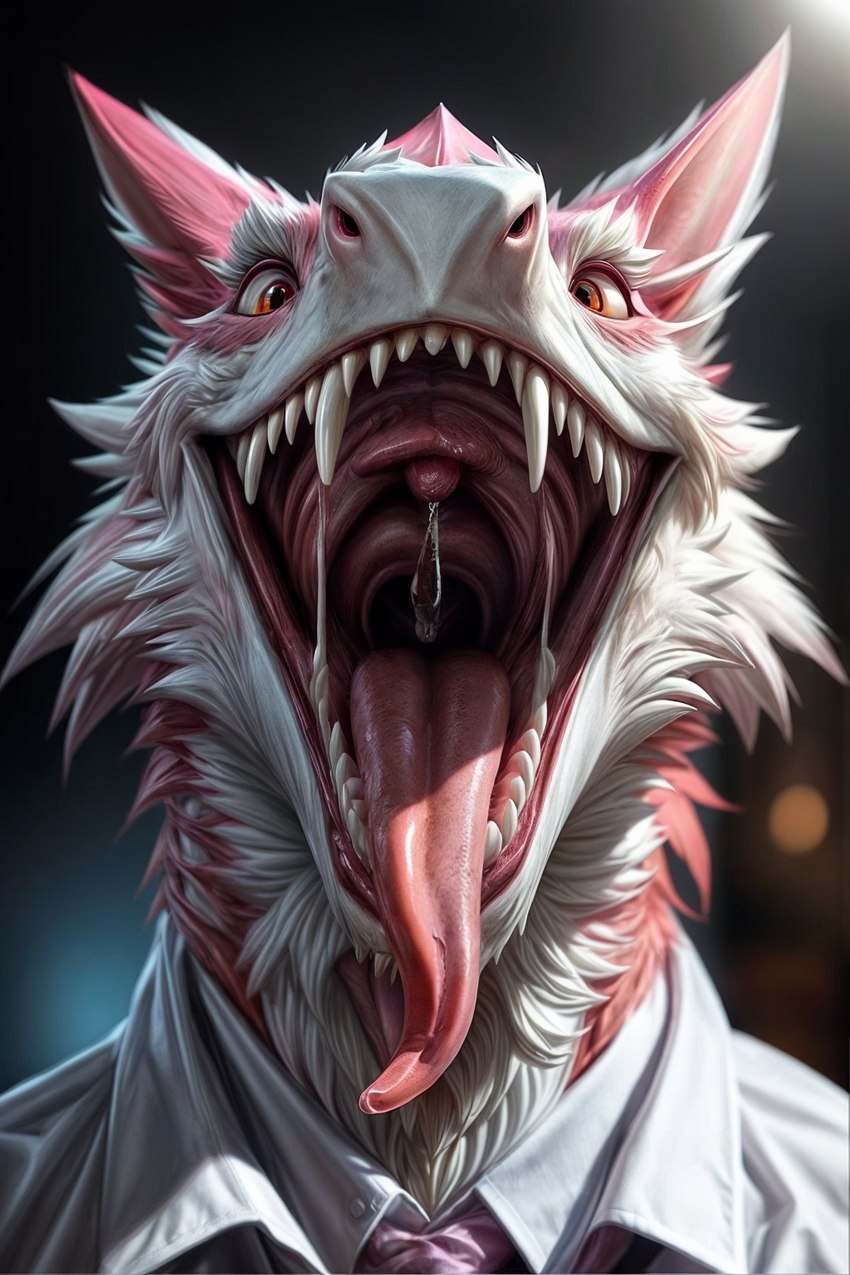 anthro bodily_fluids clothing dripping fur light male moonlight mouth_shot necktie night open_mouth oral_vore orange_eyes pink_body pink_fur saliva saliva_drip solo vore white_body white_clothing white_fur l649000 sergal hi_res