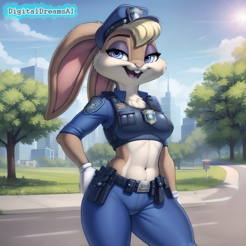 anthro armor belt blonde_hair blue_eyes bottomwear building bulletproof_vest chest_tuft clothing cloud cocked_hip crop_top denim denim_bottomwear denim_clothing female fur gloves hair hand_on_hip handwear jeans long_ears looking_at_viewer navel open_mouth open_smile outside pants plant police police_badge police_hat police_officer police_uniform road shirt sky smile solo sun tan_body tan_fur topwear tree tuft unconvincing_armor uniform utility_belt white_clothing white_gloves white_handwear digitaldreamsai lola_bunny lagomorph leporid mammal rabbit 1:1 hi_res