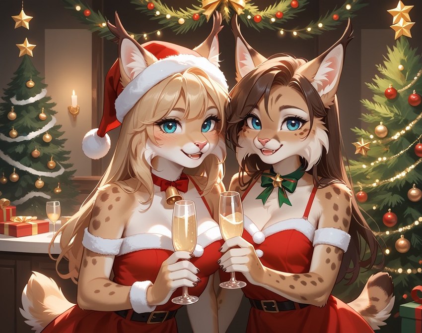 alcohol anthro bare_shoulders beverage blonde_hair breasts brown_hair christmas christmas_clothing christmas_tree cleavage clothed clothing duo female female/female hair holding_glass holding_object long_hair looking_at_viewer medium_breasts plant smile smiling_at_viewer tree magacitl felid feline lynx mammal