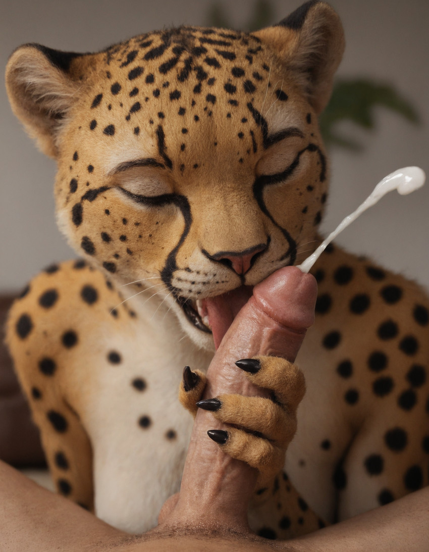 4_fingers anthro bodily_fluids claws cum cumshot duo ejaculation eyes_closed female female_on_human fingers first_person_view genital_fluids genitals handjob human_on_anthro human_pov inside interspecies licking male male/female male_on_anthro male_pov nude oral penile penis penis_grab penis_lick sex tongue tongue_out wintertreat cheetah felid feline human mammal hi_res