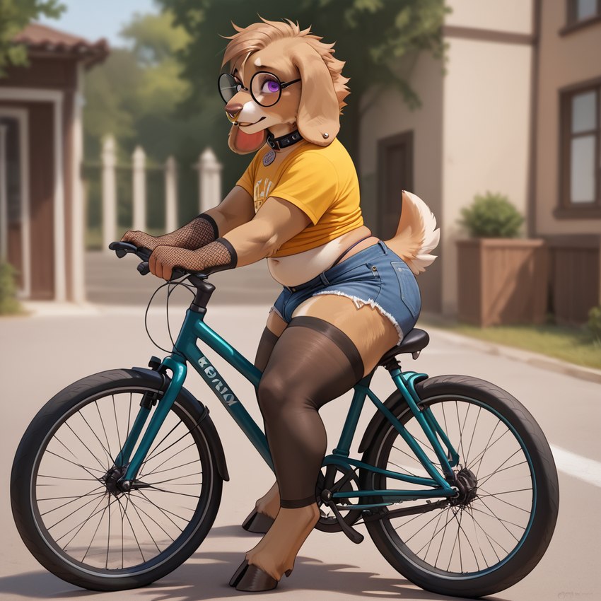 anthro bicycle bottomwear bulge clothing collar cutoffs denim denim_clothing eyewear facial_piercing femboy fishnet fishnet_armwear fur girly glasses hooves horn legwear looking_at_viewer male nose_piercing piercing print_clothing purple_eyes shirt short_tail shorts side_view slightly_chubby solo stockings tan_body tan_fur thick_thighs thong_straps topwear wide_hips yellow_clothing yellow_shirt yellow_topwear mrnotso_(director) bovid canid canine canis caprine domestic_dog goat hybrid mammal