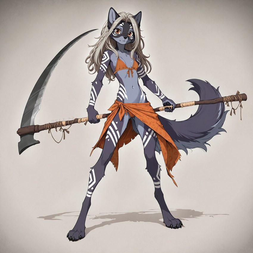 4_toes anthro bikini biped black_nose bodypaint breasts brown_eyes claws clothed clothing digitigrade feet female finger_claws fluffy fluffy_tail fur grey_body grey_fur grey_hair hair holding_object holding_weapon long_hair looking_at_viewer markings melee_weapon multicolored_body multicolored_fur navel orange_eyes polearm sarong scythe simple_background slim small_breasts smile solo standing swimwear toes tribal tribal_markings tuft two_tone_body two_tone_fur weapon seli-32 canid canine canis mammal wolf tail absurd_res hi_res