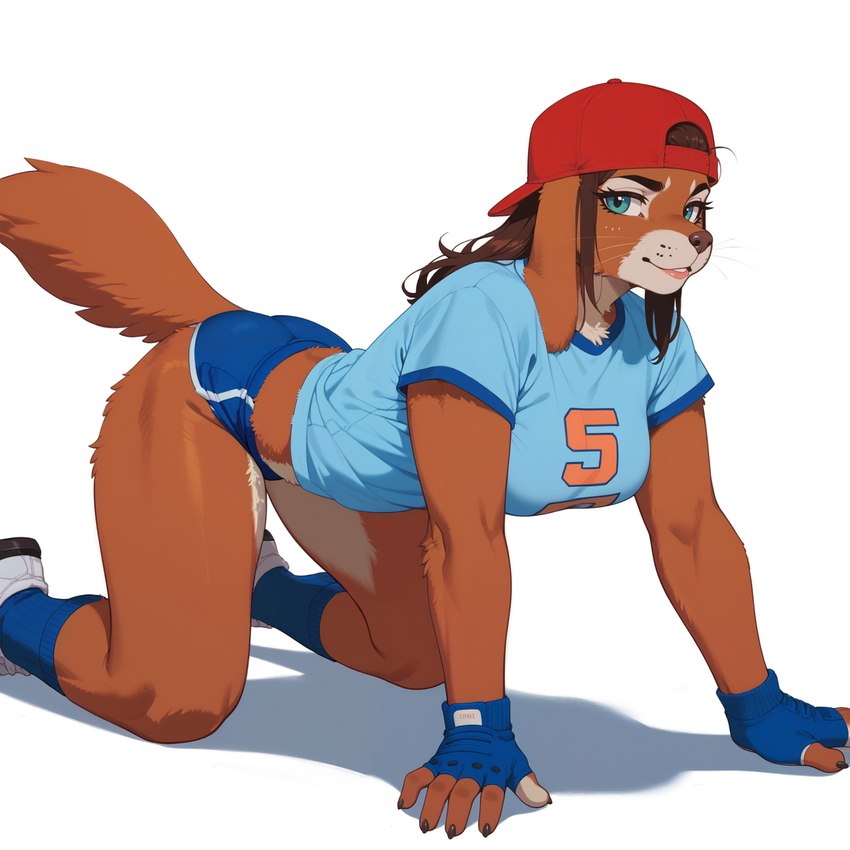 all_fours anthro blue_eyes bottomwear brown_body brown_fur brown_hair clothing female footwear fur gloves hair handwear hat headgear headwear looking_at_viewer shirt shoes shorts simple_background sneakers socks solo t-shirt text text_on_clothing topwear white_background wheel_of_fortune canid canine canis domestic_dog mammal hi_res