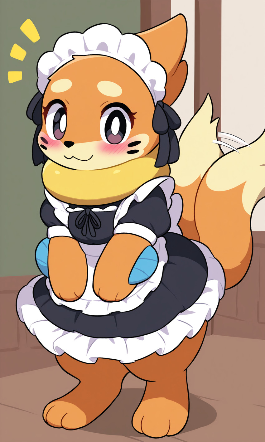 ambiguous_gender blush clothing feral happy looking_at_viewer maid_uniform simple_background solo uniform unknown_director nintendo pokemon buizel generation_4_pokemon pokemon_(species) hi_res
