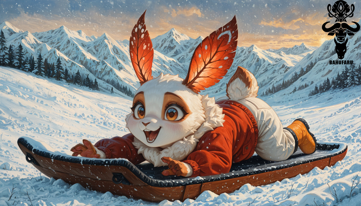 ambiguous_gender anthro blush boots bottomwear brown_body brown_eyes brown_fur clothing coat footwear fur mountains neck_tuft open_mouth pants plant red_clothing red_coat red_topwear sled sledding smile snow snowing solo topwear tree tuft white_body white_bottomwear white_clothing white_fur white_pants winter yellow_boots yellow_clothing yellow_footwear bahufaru arthropod hybrid insect lagomorph lepidopteran leporid mammal moth rabbit rosy_maple_moth hi_res