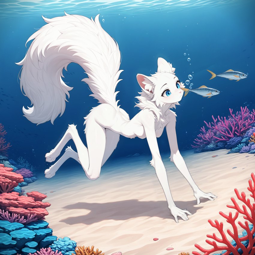 anthro blue_eyes breasts bubble butt_tuft casual_nudity coral_reef cross-eyed digitigrade featureless_breasts female fluffy fluffy_tail fur long_legs neck_tuft nude sand slim small_breasts solo swimming tuft underwater water white_body white_fur seli-32 ambient_fish ambient_sealife anthozoan cnidarian coral domestic_cat felid feline felis fish mammal marine absurd_res hi_res