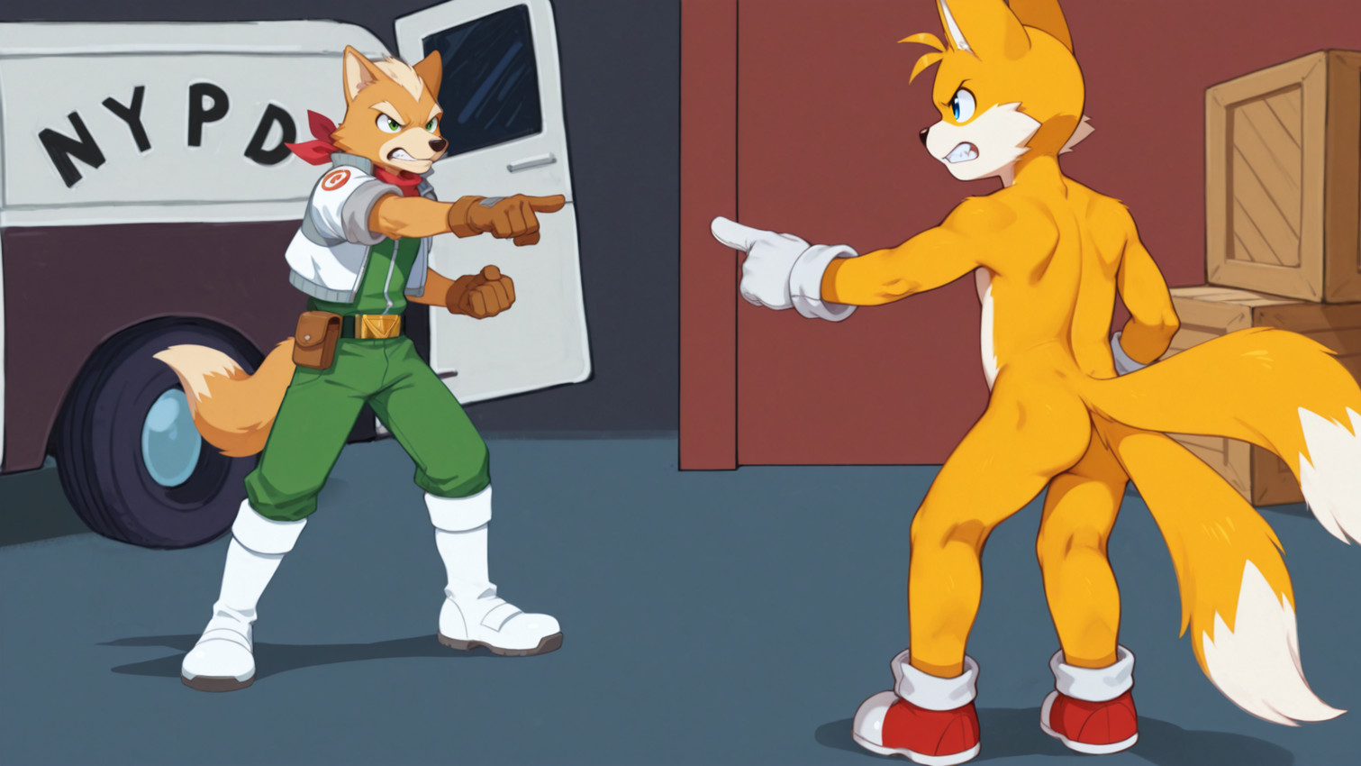 angry anthro butt clothing crossover duo eye_contact footwear gloves handwear looking_at_another male parody anonymous_director nintendo sega sonic_the_hedgehog_(series) spider-man_(series) star_fox fox_mccloud miles_prower canid canine fox mammal hi_res meme