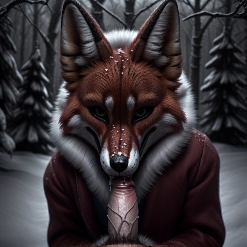 anthro black_body black_fur black_lips black_nose bodily_fluids body_part_in_mouth clothing coat dark_eyes dripping duo eye_contact fellatio female female_on_human first_person_view forest forest_background fur fur_trim genital_fluids genitals human_on_anthro human_pov humanoid_genitalia humanoid_penis inner_ear_fluff interspecies lips looking_at_another looking_at_viewer male male/female male_on_anthro male_pov nature nature_background oral penile penis penis_in_mouth plant precum precum_drip precum_on_penis red_body red_clothing red_coat red_fur red_topwear saliva saliva_drip saliva_on_penis sex snow snow_on_character stable_diffusion topwear tree tuft vein veiny_penis white_body white_fur winter winter_background winter_clothing winter_coat yellow_body yellow_fur foxedfoxyfox alice_the_vixen canid canine canis fox human humanoid mammal red_fox