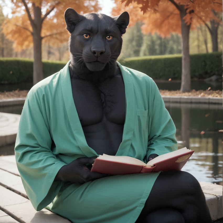 anthro autumn autumn_leaves black_body black_fur book brown_eyes chest_tuft clothing crossed_legs falling_leaves forest forest_background fur inner_ear_fluff looking_at_viewer male mostly_nude nature nature_background neck_tuft plant pond reading reflection robe robe_only shrub solo tree tuft water whiskers ilmpbx indigo_(ilmpbx) felid mammal pantherine hi_res