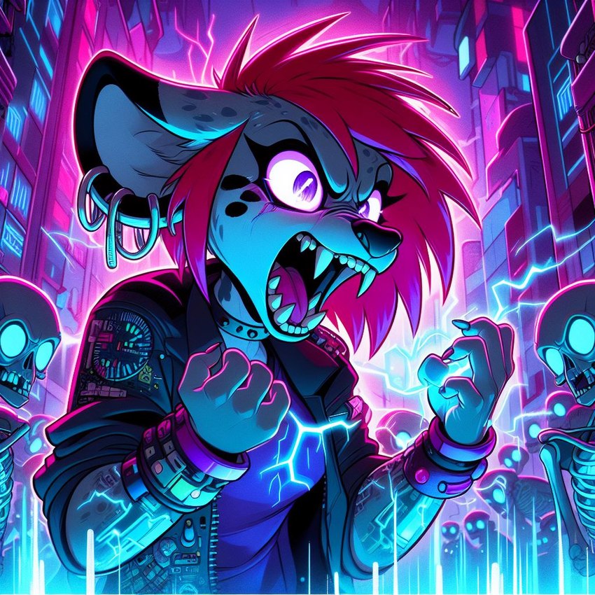 anthro apocalypse bodily_fluids burning collar crystal ear_piercing ear_ring female fur grey_body grey_fur hair piercing purple_eyes red_hair ring_piercing spiked_collar spikes tears teeth yelling icefoxai trrith_(character) hyaenid mammal